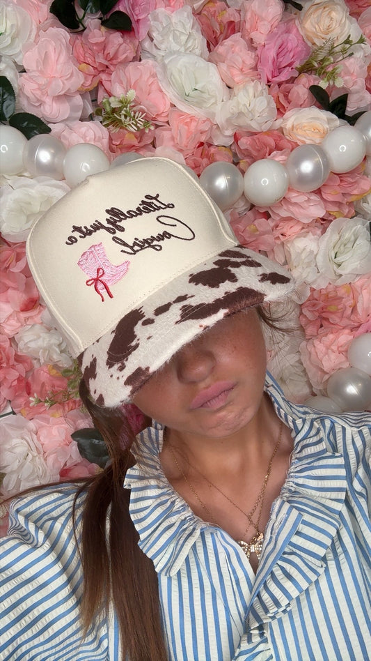 Literally Just a Cowgirl Cow Print Trucker Hat