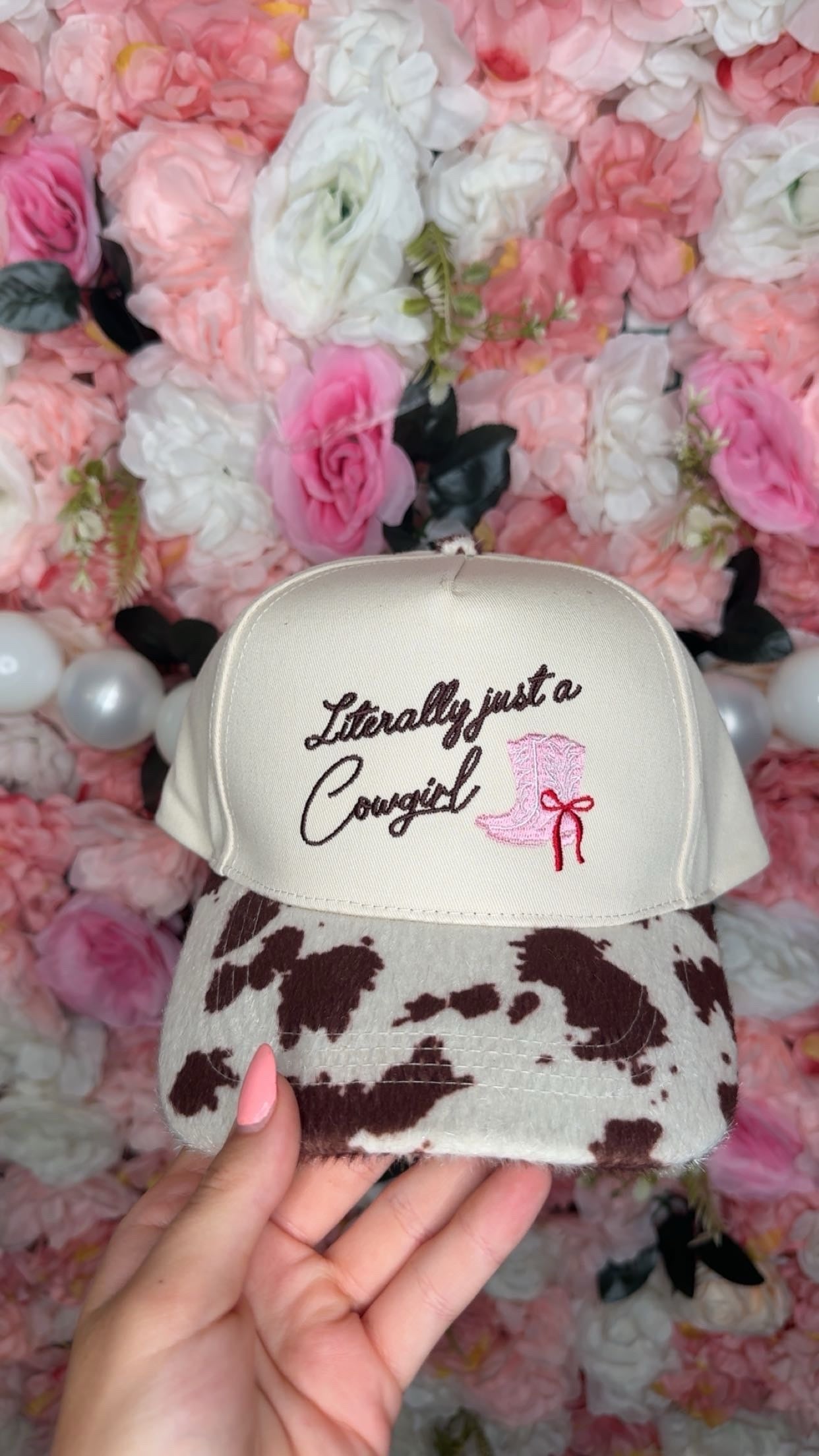 Literally Just a Cowgirl Cow Print Trucker Hat